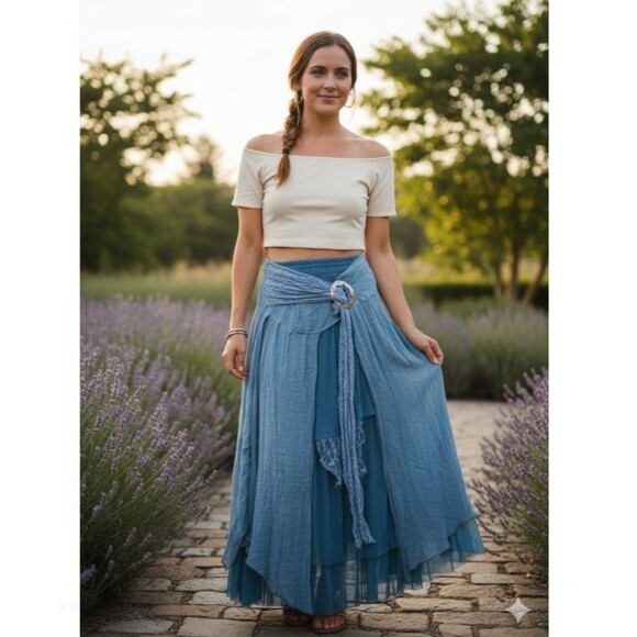 Pretty Angel Maxi Skirt Vintage Smocked Tiered Linen Gypsy Anthropologie Boho L - Picture 1 of 6